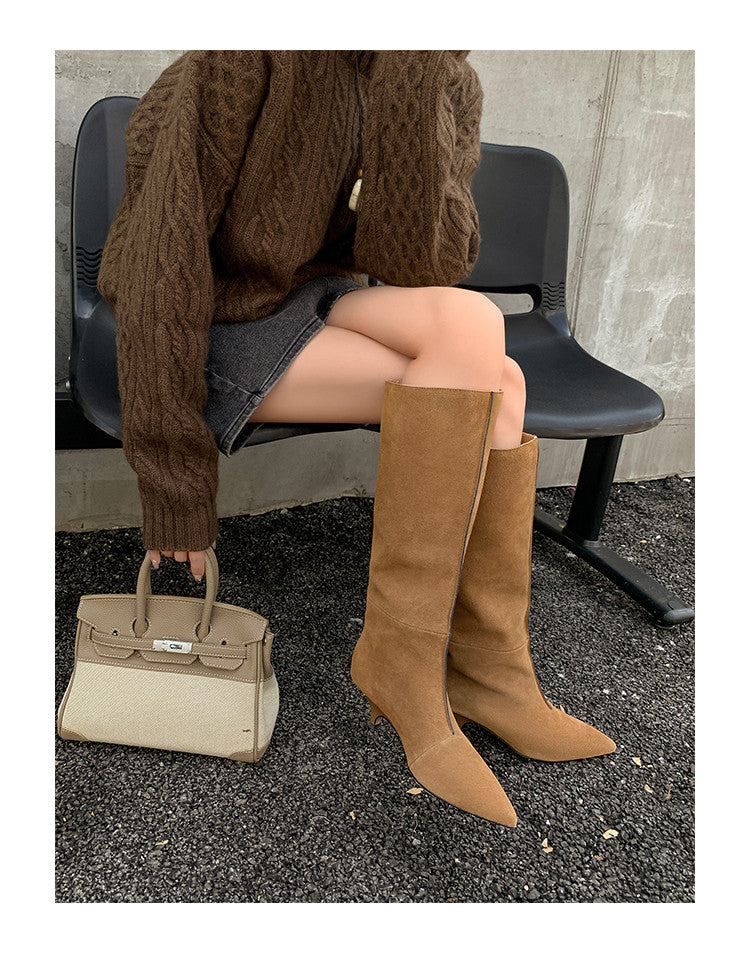 Karin Luna In Stock Spot Goods Retro Cowhide Pointed Toe Stiletto Elegant Long Boots