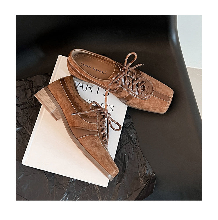 Karin Luna In Stock Spot Goods   Pig Nose Thin Strap Square Toe Patchwork Single Shoes