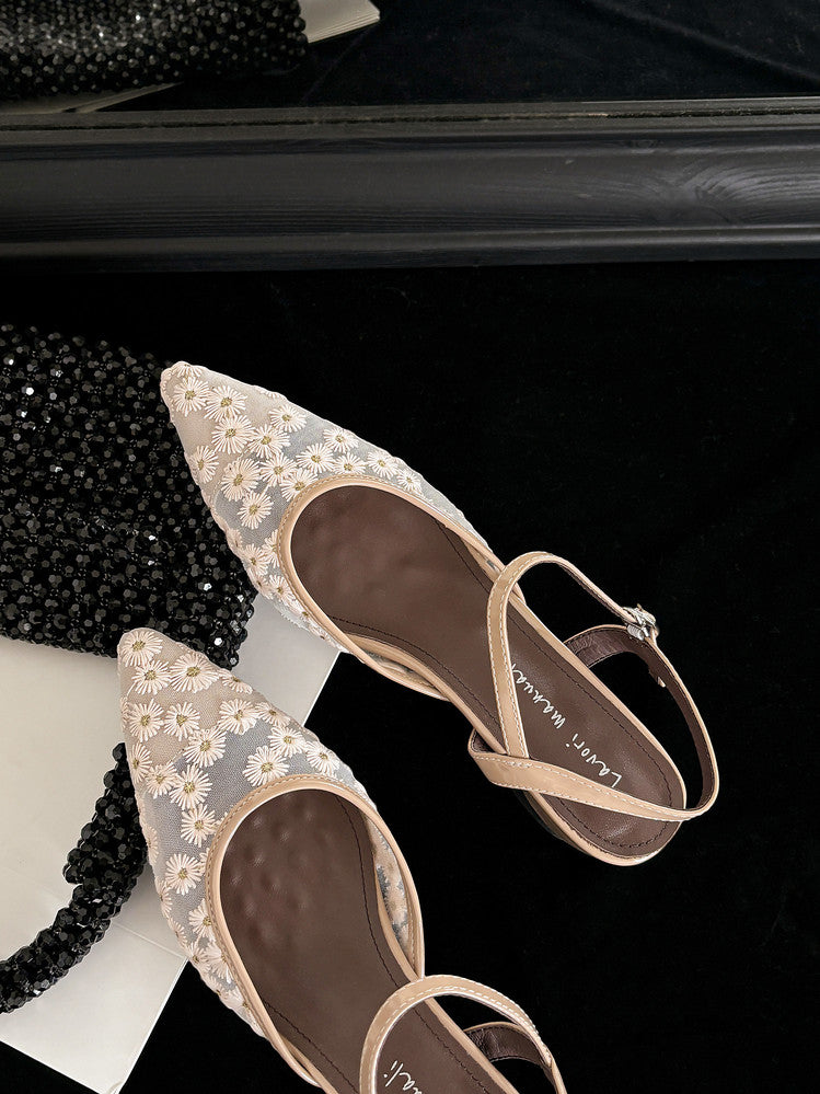 Karin Luna In Stock Spot Goods Embroidered Daisy Sheepskin Mesh Elegant Closed-Toe Slippers