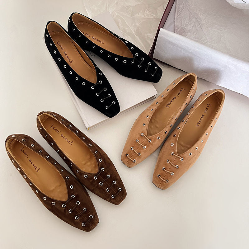 Karin Luna In Stock Spot Goods    Old Money Style Square Toe Suede Flats