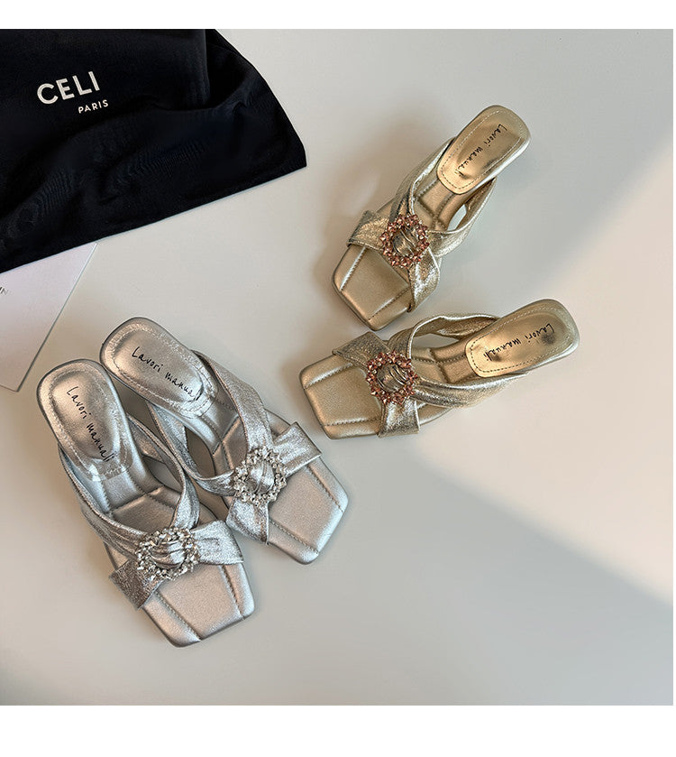 Karin Luna In Stock In Stock Elegant Square-Toe Cross-Strap Rhinestone Square-Toe Slippers