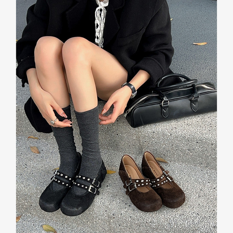 Karin Luna Hot Item Hot Item Punk Style One-Strap Round-Toe Suede Leather Height-Increasing Flats