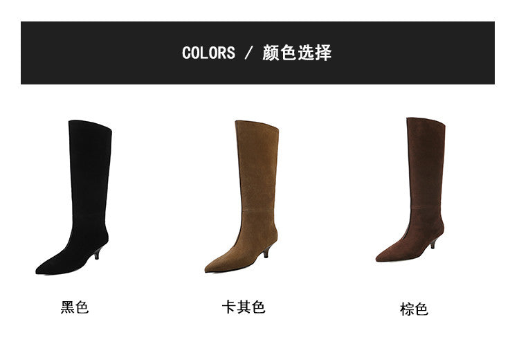 Karin Luna In Stock Spot Goods Retro Cowhide Pointed Toe Stiletto Elegant Long Boots