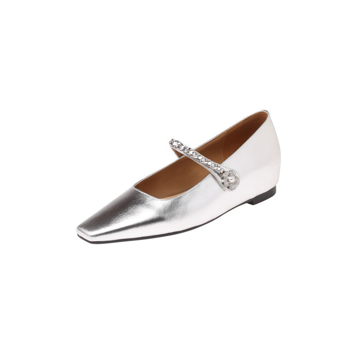 Karin Luna In Stock In Stock ~Metal One-Strap Pearl Small Square Toe Height-Increasing Flats