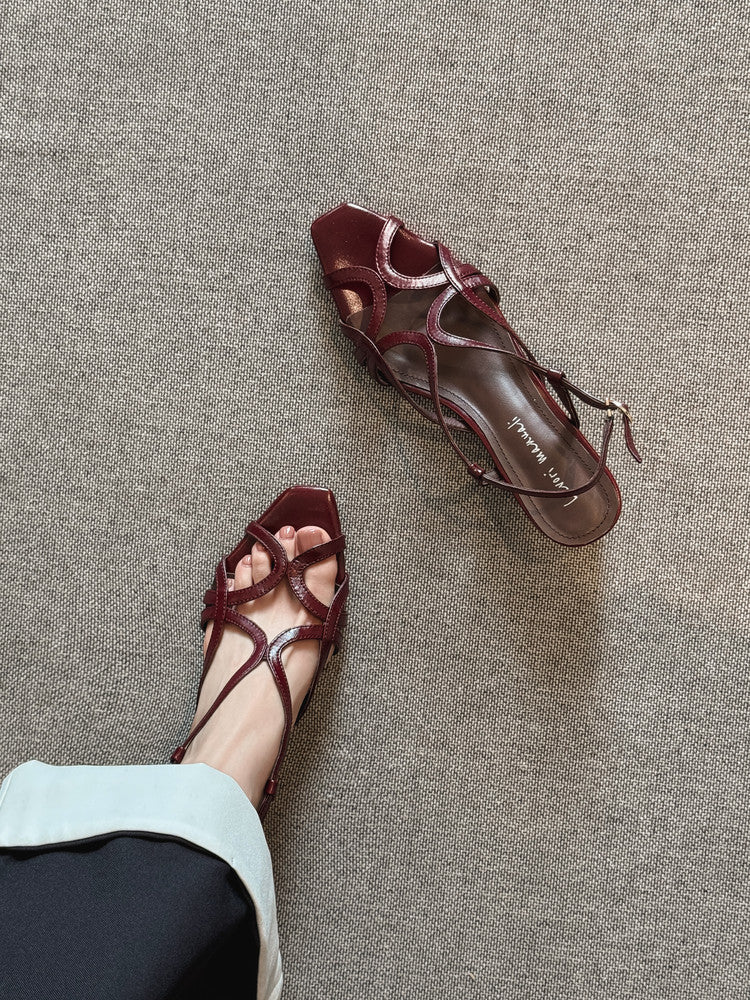 Karin Luna French Hollow Style Small Square Toe Chunky Heel Sandals