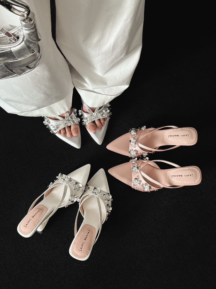 Karin Luna Bestseller Sequin Elements Elegant Pointed Toe Irregular Heel Slippers