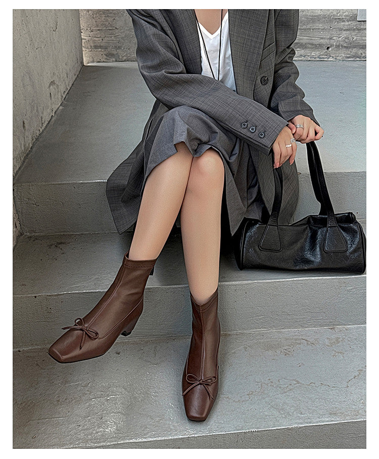 Karin Luna French Style Square Toe Bowknot Hidden Wedge Slim Boots