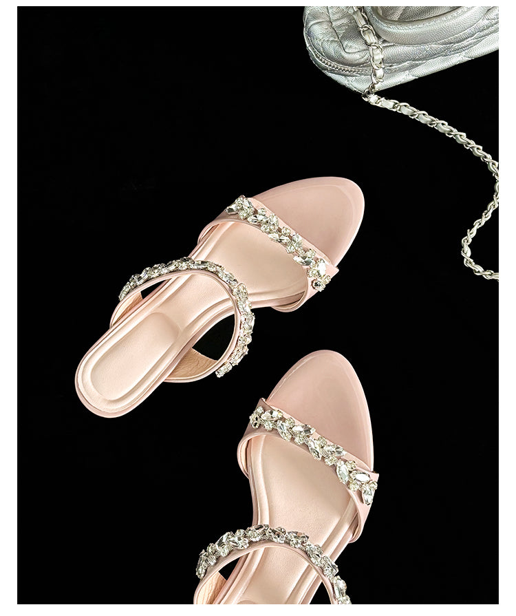 Karin Luna Exquisite Round Toe One-Strap Rhinestone Thin Heel Slippers