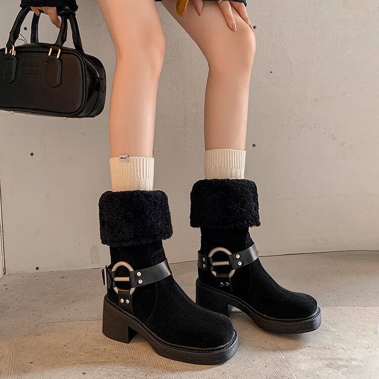 Karin Luna Genuine Lamb Wool and Cowhide Leather Hot-selling Metal Buckle Round Toe Chunky Heel Main Push Main Push