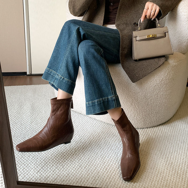 Karin Luna In Stock Spot Goods Slim Series  Hidden Wedge Small Square Toe Back Zipper Short Boots
