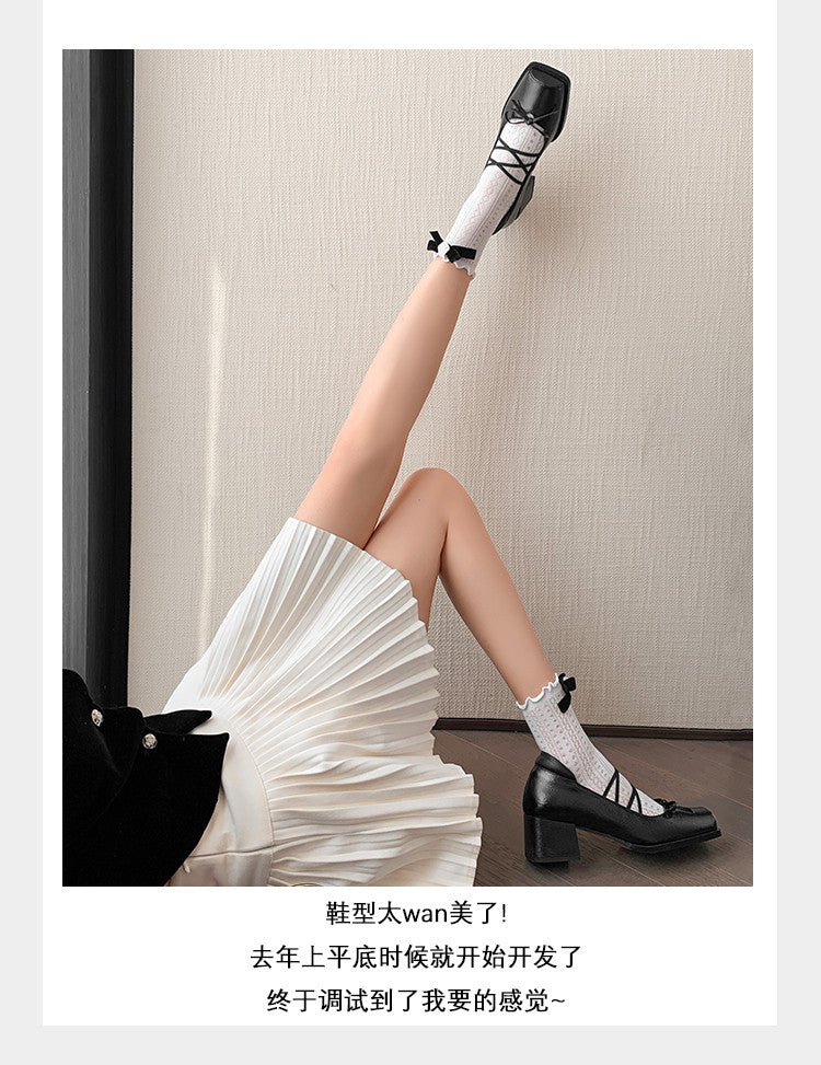 Karin Luna In Stock Spot Goods  Popular Self-flowing Bowknot Square Toe Chunky Heel Single Shoes