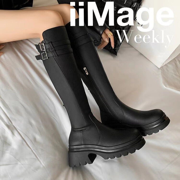 Karin Luna In Stock Best-selling in stock   Super Soft Sheepskin  Round Toe Thick Sole Vintage Belt Buckle Long Boots