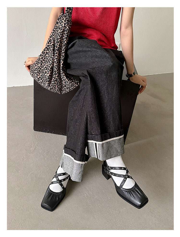 Karin Luna In Stock Spot Goods First Layer Sheepskin Cross Strap Rivet Square Toe Mary Jane Sandals
