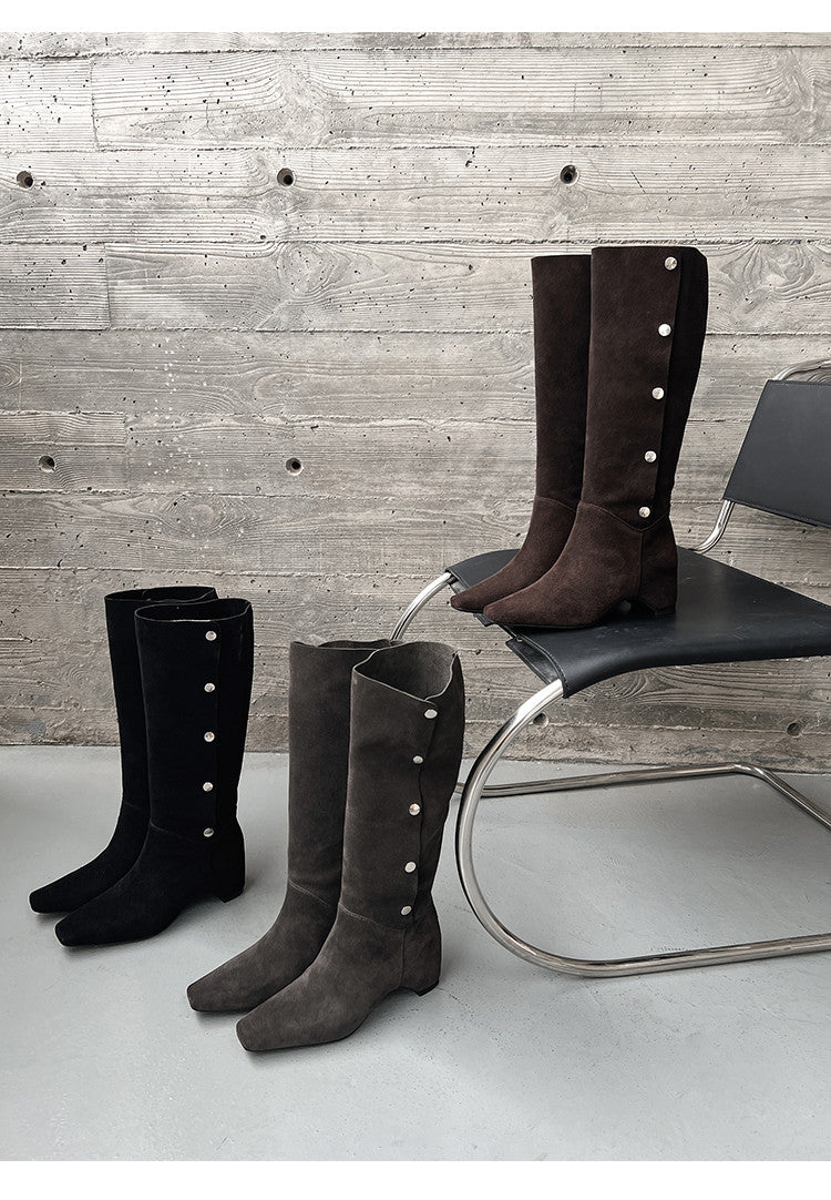Karin Luna Bestseller Hot-Selling Hidden Buckle Lazy Style Square-Toe Height-Increasing Suede Western Boots