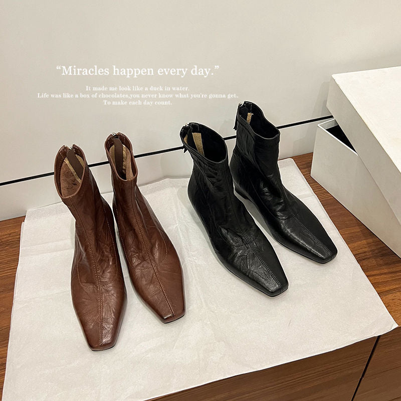 Karin Luna In Stock Spot Goods Slim Series  Hidden Wedge Small Square Toe Back Zipper Short Boots