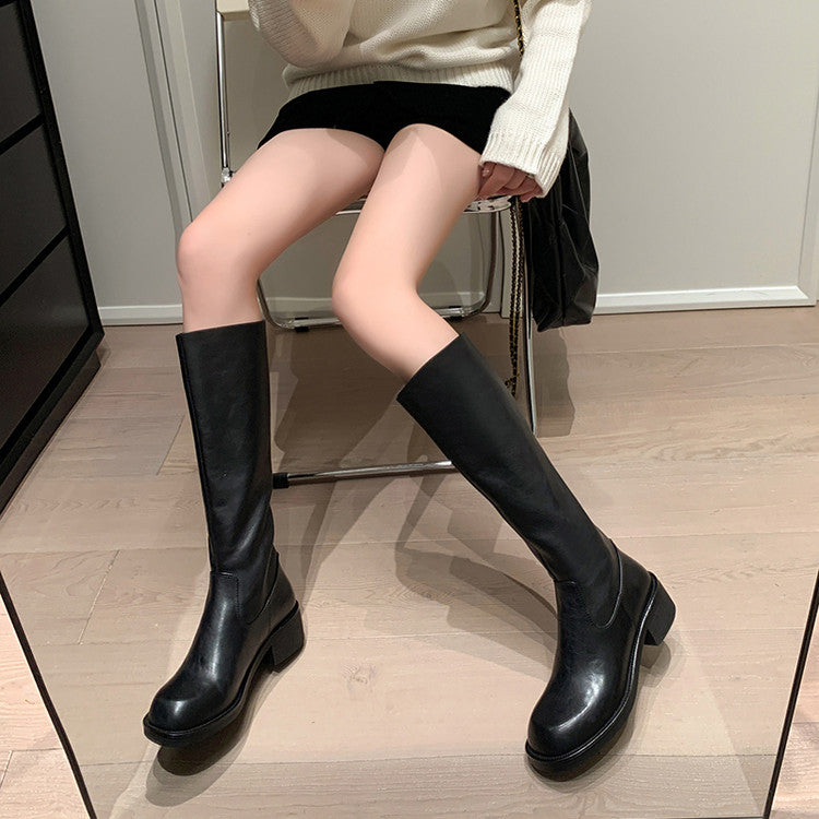 Karin Luna Basic Versatile Style Round Toe Chunky Heel Long Boots