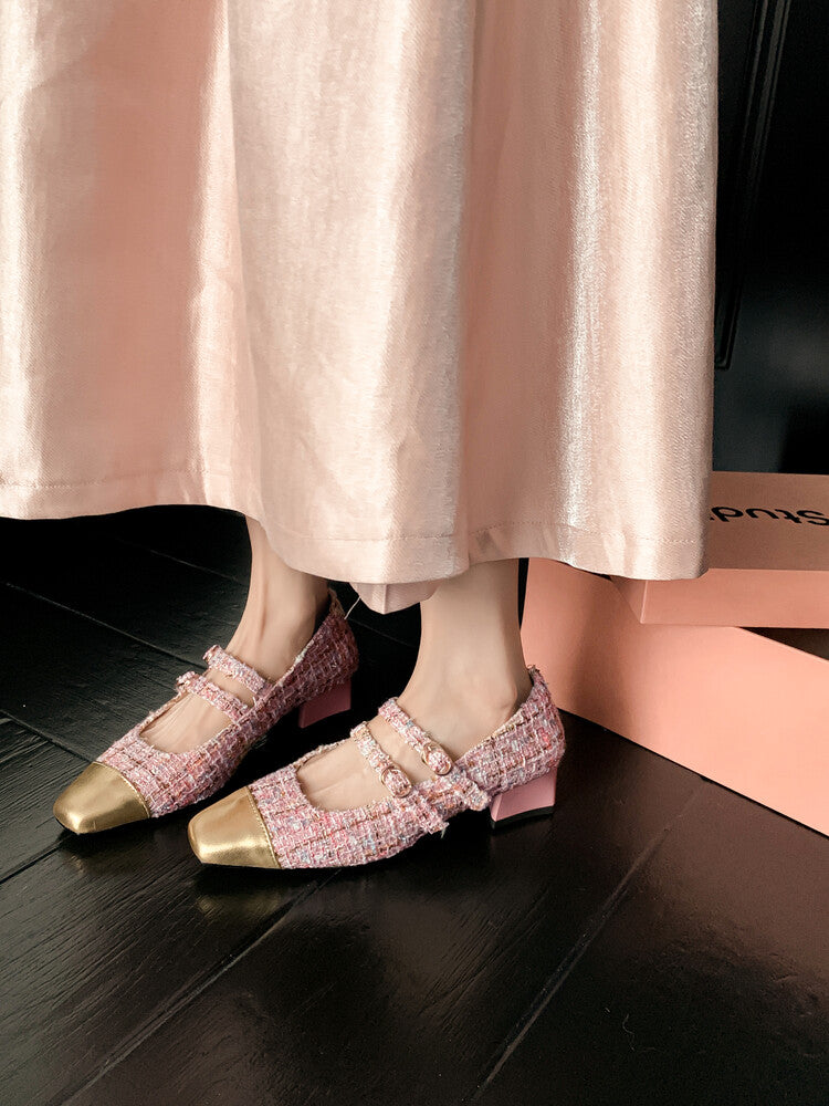 Karin Luna Classic Chanel Style~ Tweed Spring Limit Square Toe Chunky Heel Mary Jane Strap Single Shoes