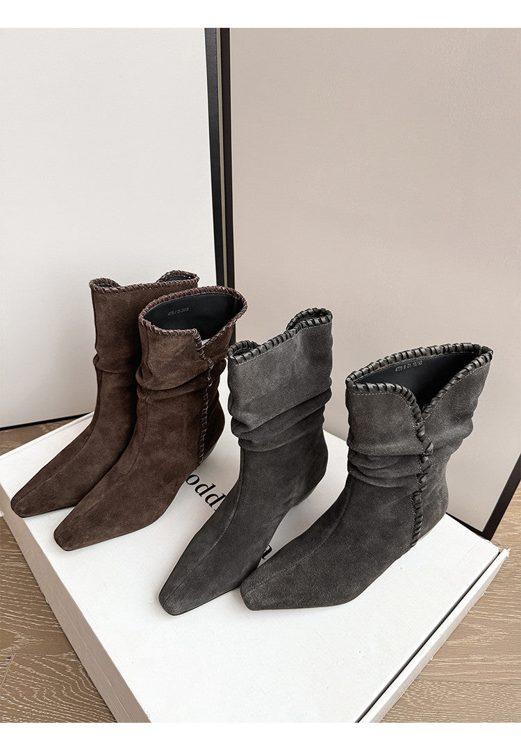 Karin Luna Small Square Toe Retro Ruched Pile Short Boots