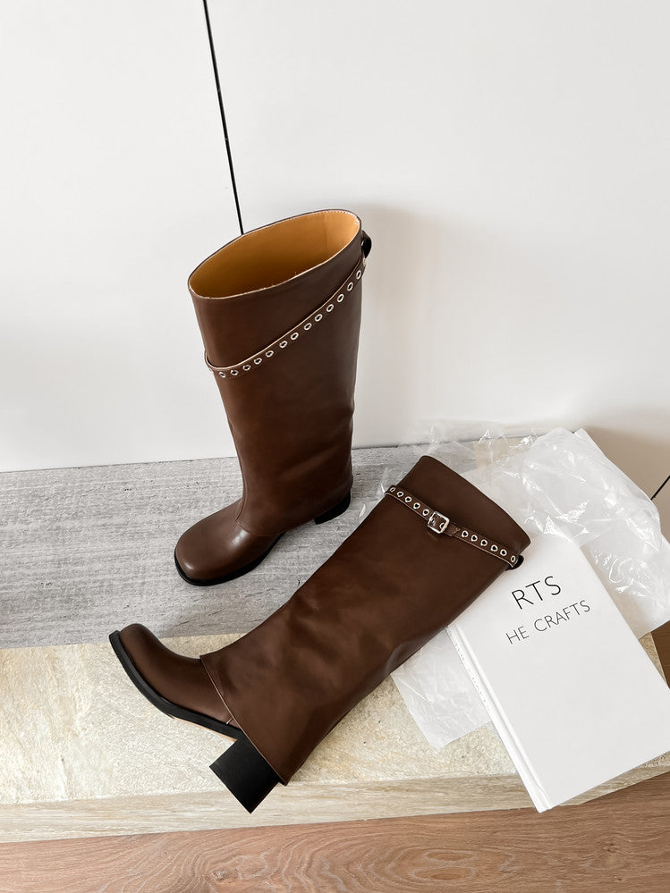 Karin Luna In Stock Spot Goods Belt Buckle Color-Washed Casual Thick-Soled Bootcut Pants Boots