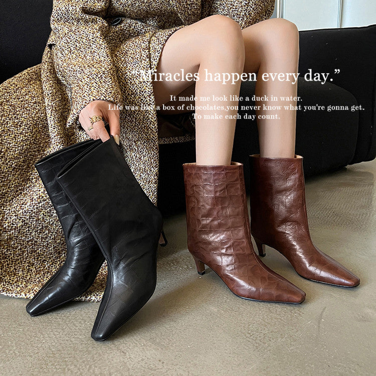 Karin Luna In Stock Spot Goods Top Layer Stone Pattern Cowhide Textured Small Square Toe Straight Short Boots
