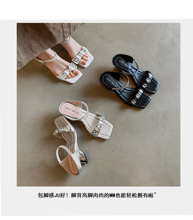 Karin Luna Bestseller Popular Rhinestone Ribbon Square Toe Slippers