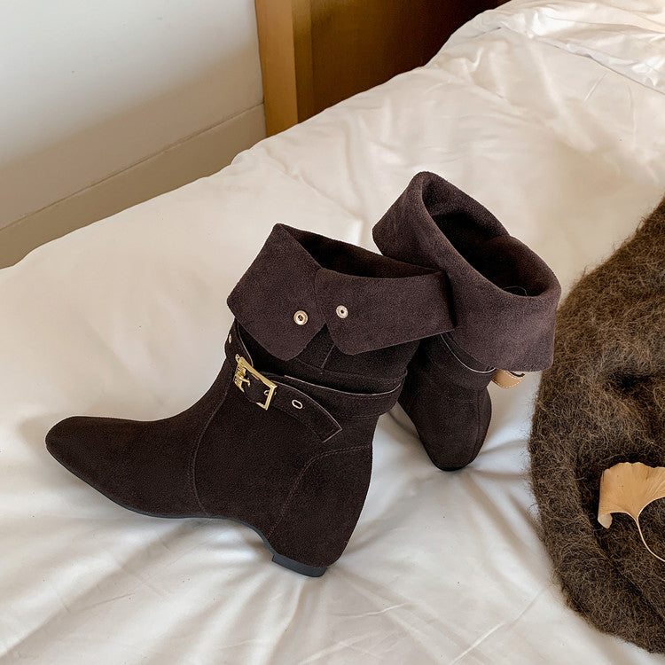 Karin Luna Foldable Belt Buckle Square Toe Hidden Wedge Short Boots