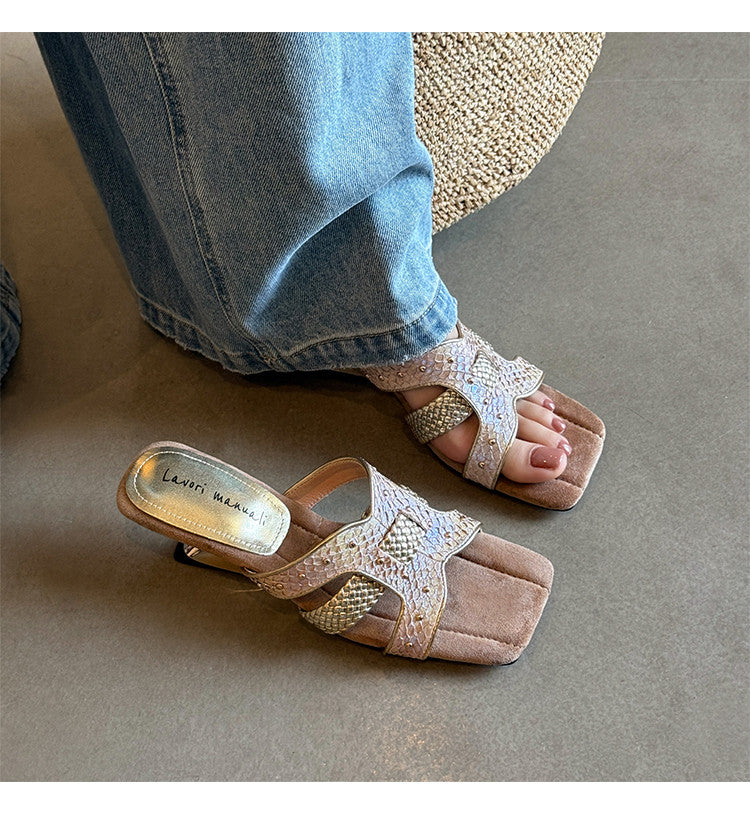 Karin Luna Fish Skin Series~ Hot-selling Square-Toe Slippers with Built-in Traffic