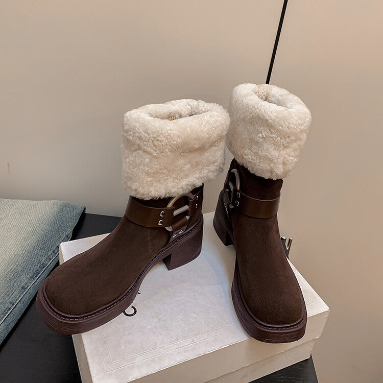 Karin Luna Genuine Lamb Wool and Cowhide Leather Hot-selling Metal Buckle Round Toe Chunky Heel Main Push Main Push