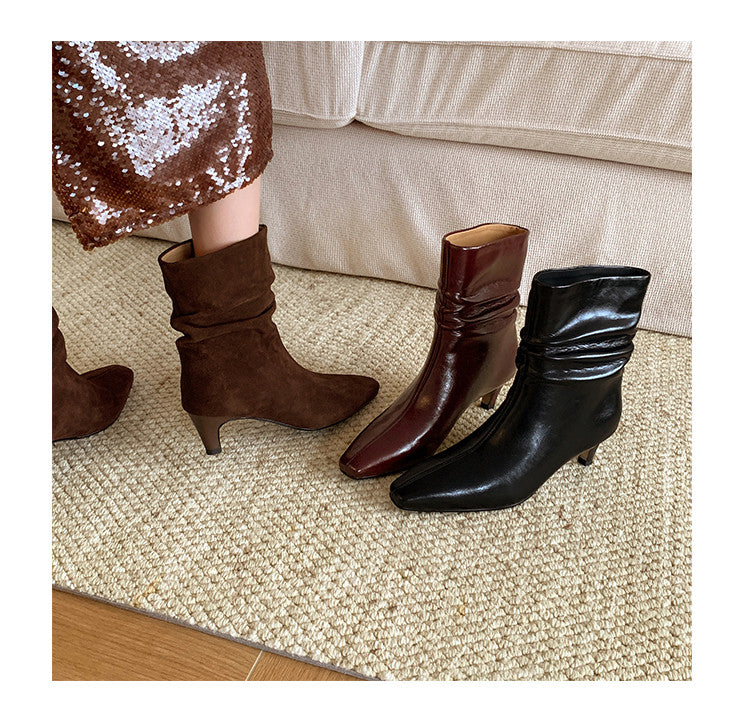 Karin Luna In Stock Spot Goods  Retro Wrinkled Small Square Toe Short Boots