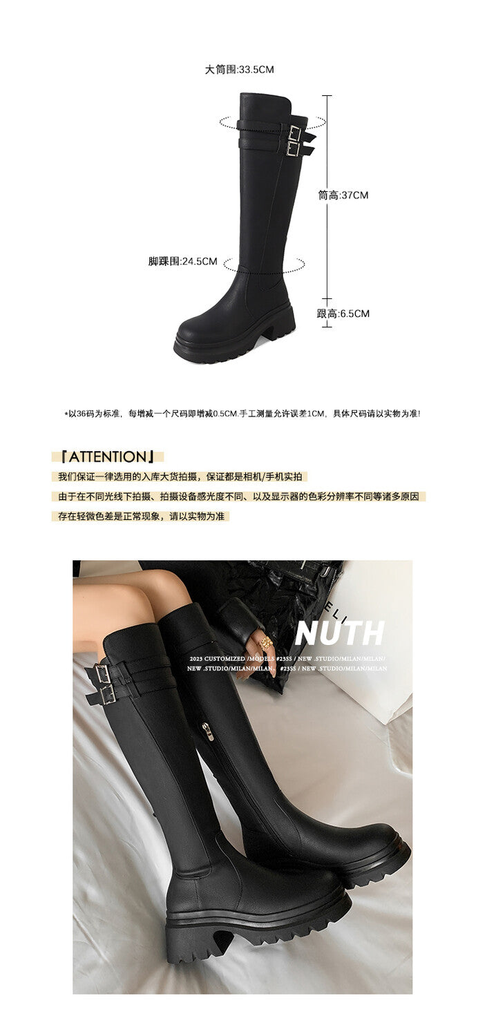 Karin Luna In Stock  Round Toe Thick Sole Casual Belt Buckle Long Boots
