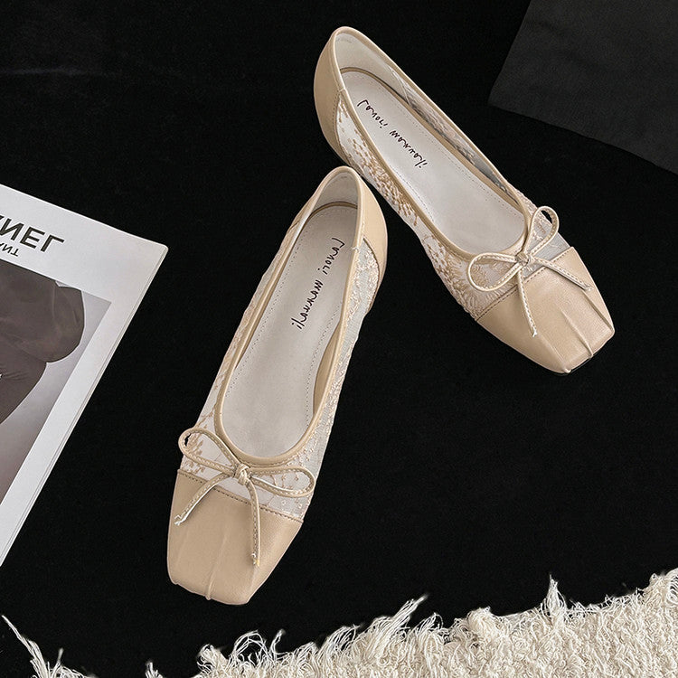 Karin Luna In Stock In Stock  Wrinkled Square Toe Patchwork Breathable Mesh Bow Granny Shoes