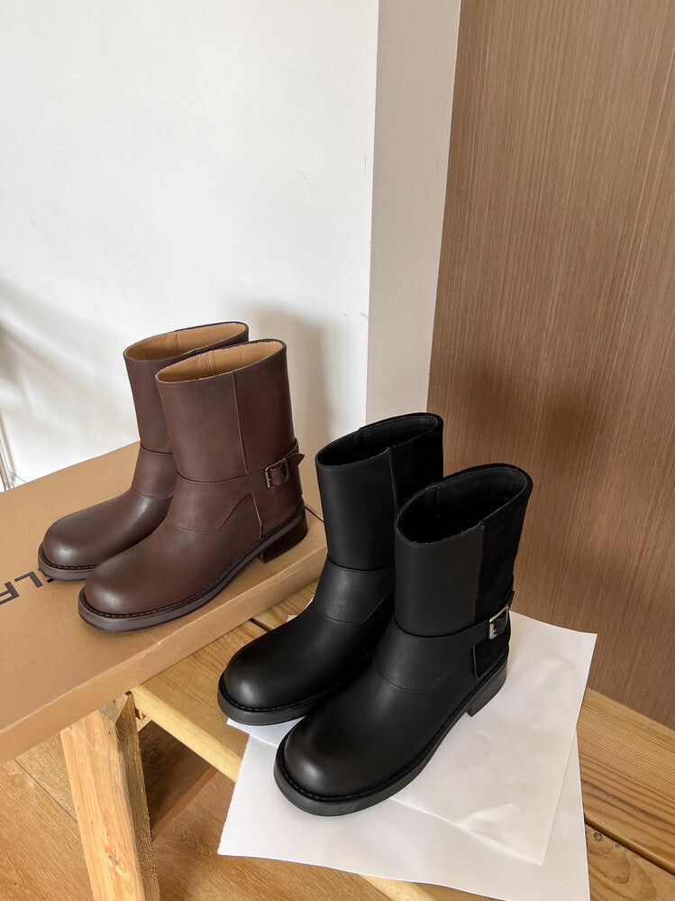 Karin Luna Belt Buckle Chunky Heel Fashion Short Boots