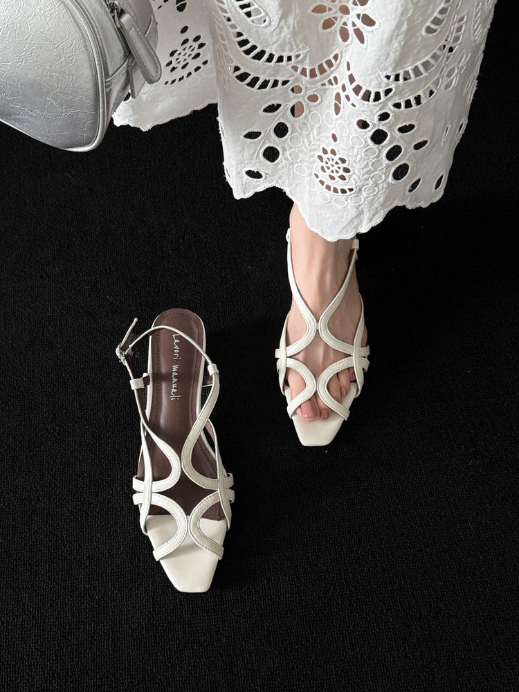 Karin Luna French Hollow Style Small Square Toe Chunky Heel Sandals