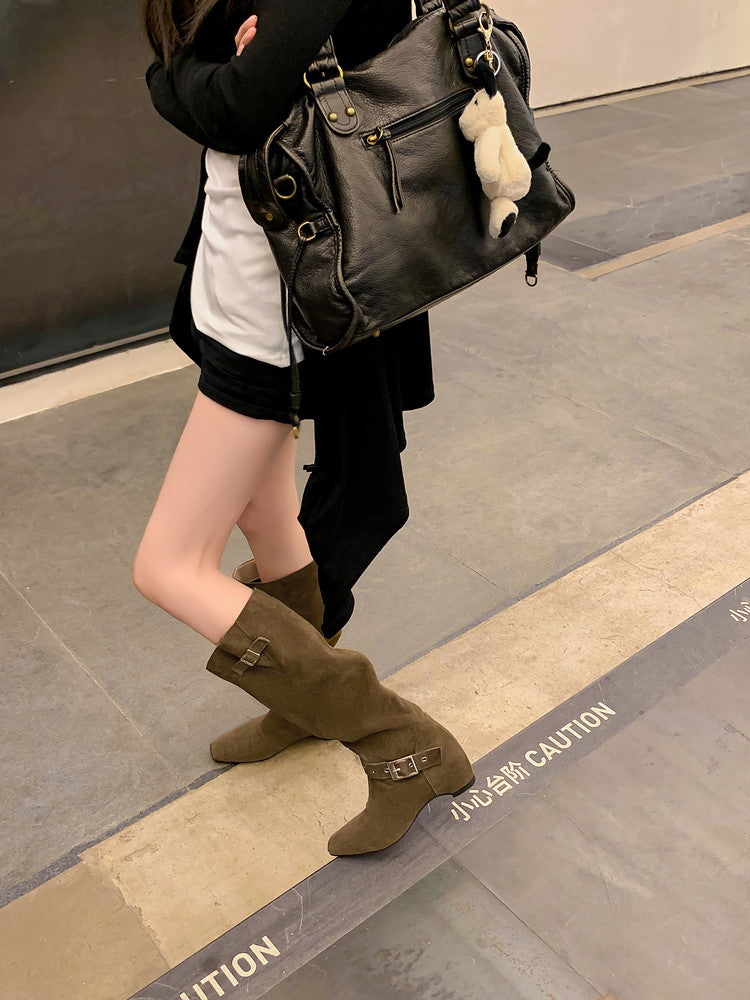 Karin Luna Data Model Belt Buckle Matte Square Toe Hidden Wedge Slouch Western Boots