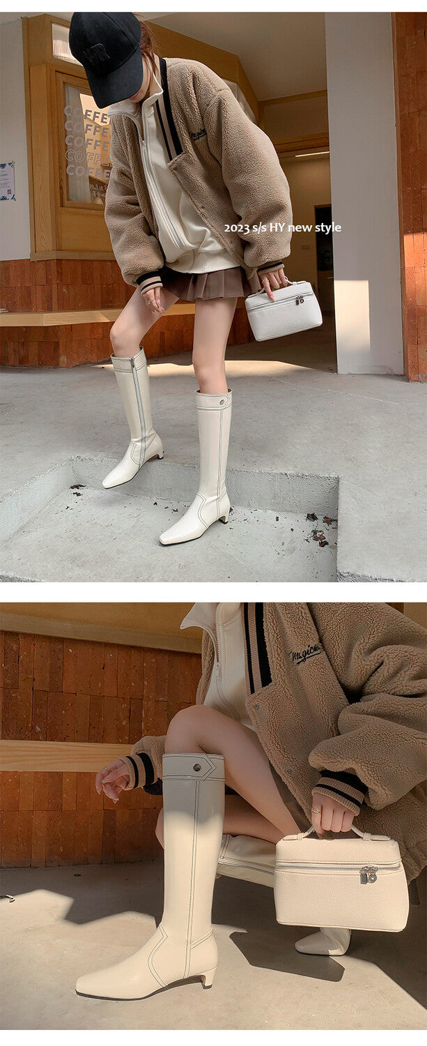 Karin Luna In Stock Spot Goods  Vintage Open Stitch Small Square Toe High Heel Side Zipper Riding Boots