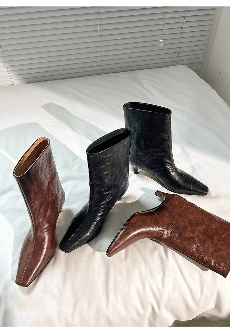 Karin Luna In Stock Spot Goods Top Layer Stone Pattern Cowhide Textured Small Square Toe Straight Short Boots