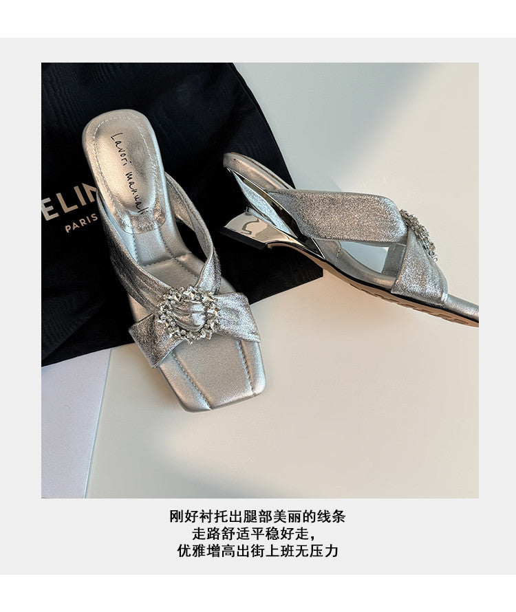 Karin Luna In Stock In Stock Elegant Square-Toe Cross-Strap Rhinestone Square-Toe Slippers