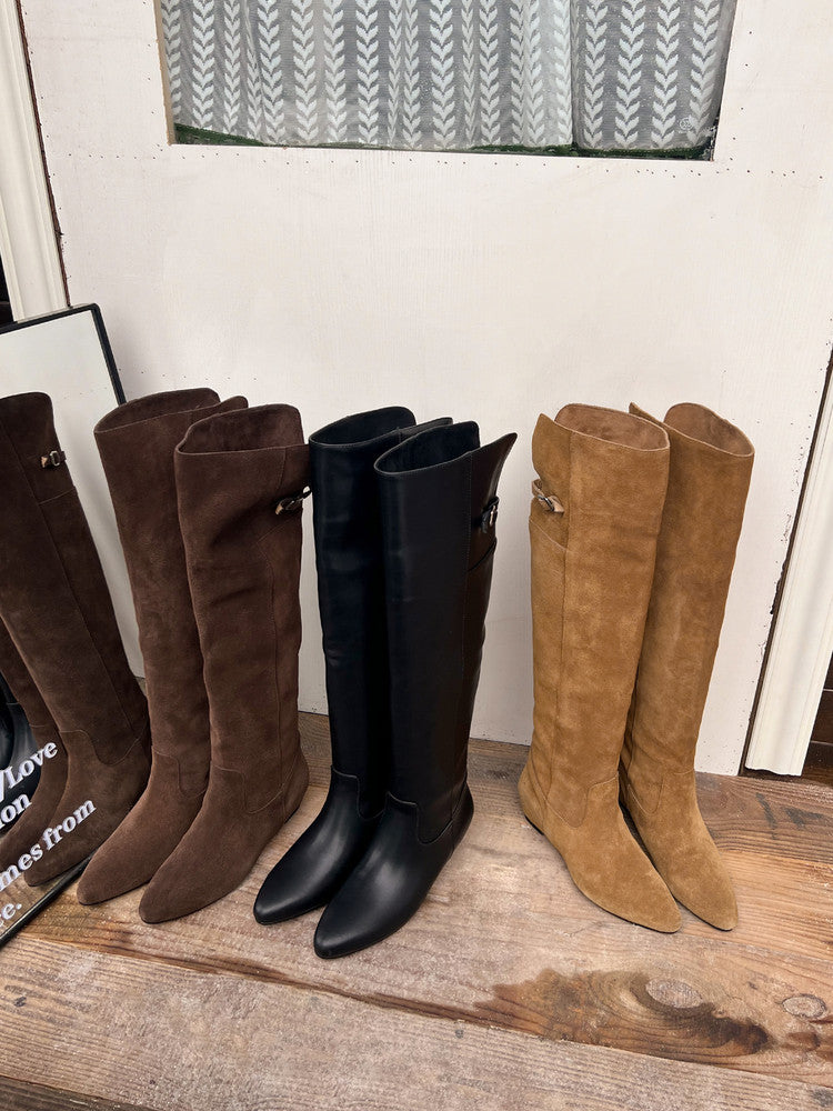 Karin Luna In Stock Spot Goods Vintage Cowhide Leather Two-Way Wear Pointed Toe Height-Increasing Long Boots