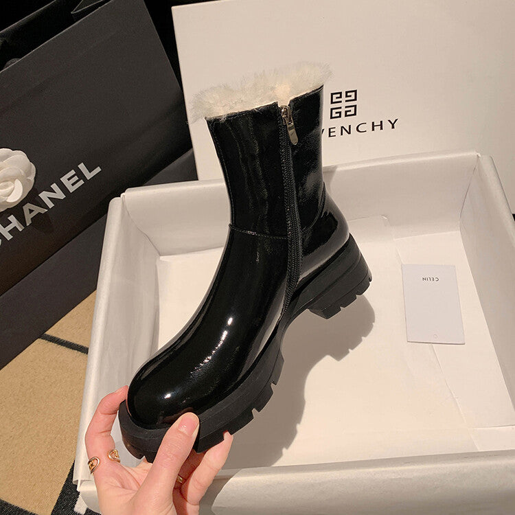 Karin Luna In Stock  Best-selling in stock Thickened Fleece Cow Patent Leather Hot-Selling Flat Short Boots