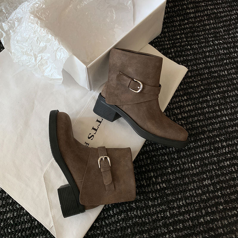 Karin Luna In Stock Spot Goods Versatile Basic Round Toe Belt Buckle Thick Sole Tube Boots