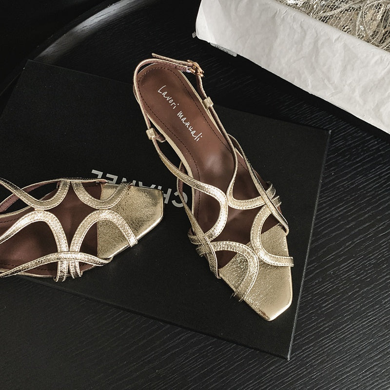 Karin Luna French Hollow Style Small Square Toe Chunky Heel Sandals