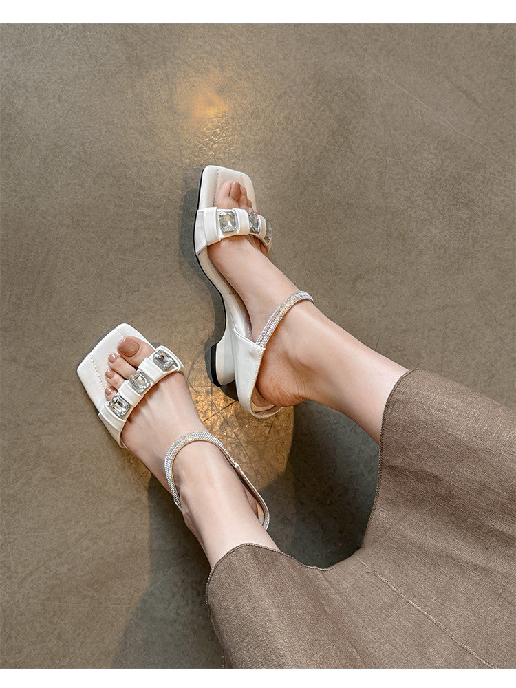 Karin Luna Bestseller Popular Rhinestone Ribbon Square Toe Slippers