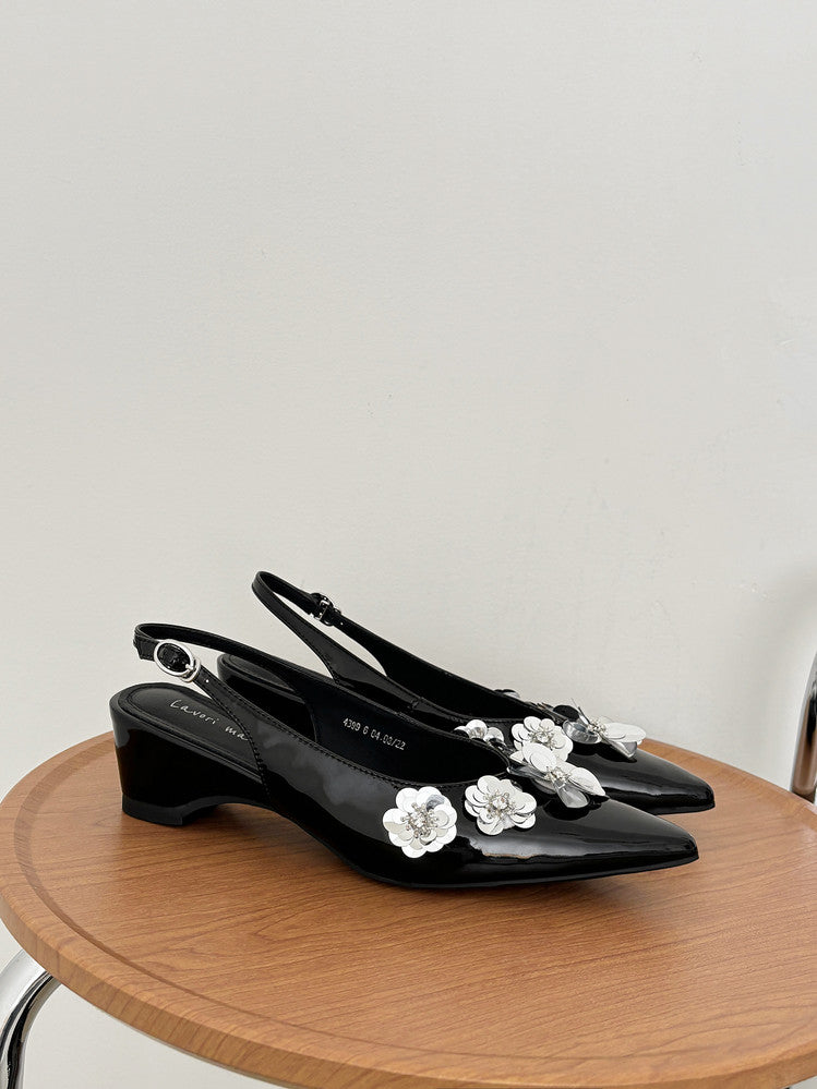 Karin Luna In Stock In Stock  Sequin Floral Pointed Toe Chunky Heel Closed-Toe Sandals