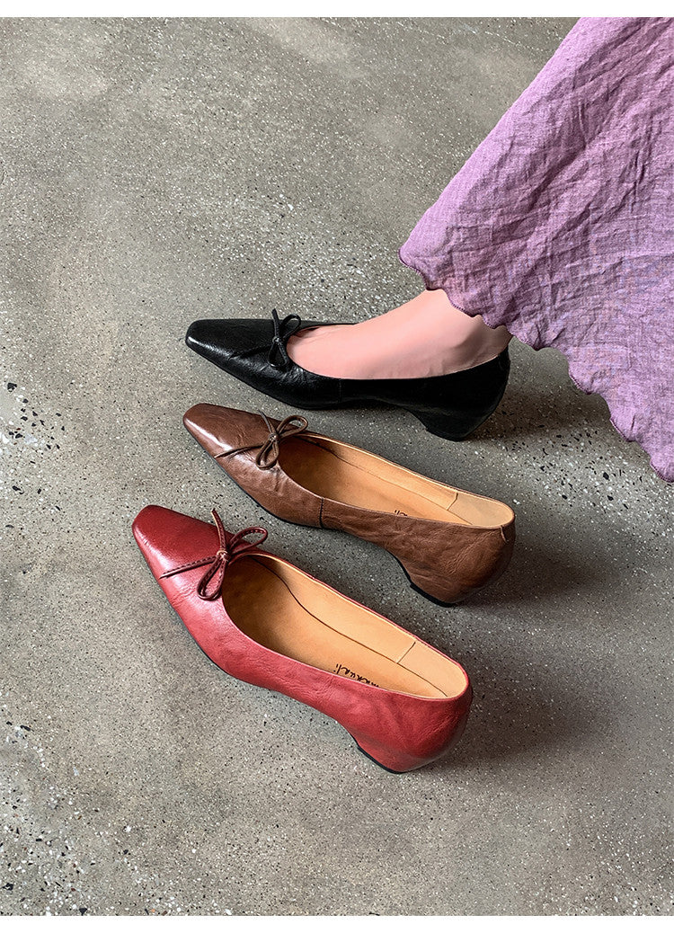 Karin Luna Full Layer Inside and Out~Basic Versatile Small Square Toe Butterfly Knot Irregular Heel Single Shoes