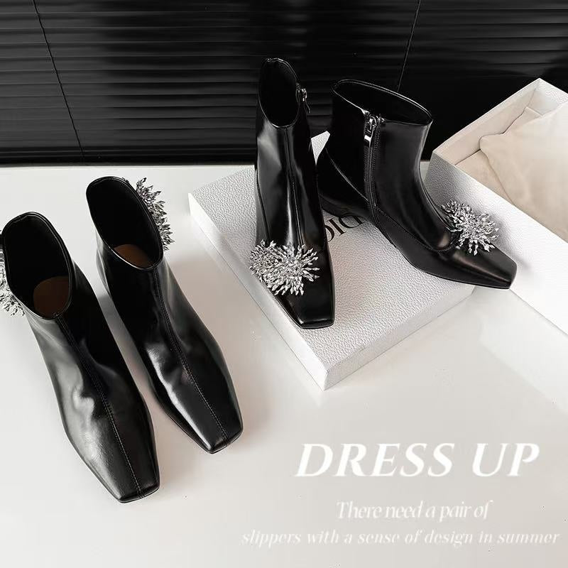 Karin Luna Elegant Style Square Toe Flower Design Height Increasing Short Boots with Two Front and Back Options