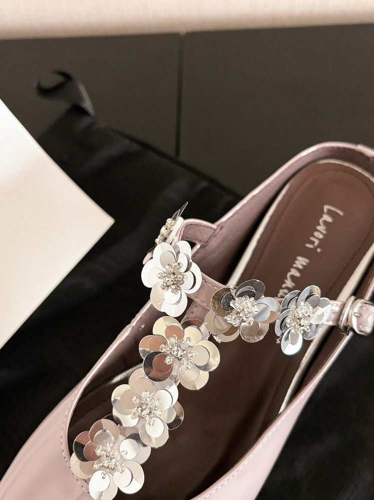 Karin Luna In Stock Spot Goods  T Handmade Sequin Flower Square Toe Height-Increasing Closed-Toe Slippers