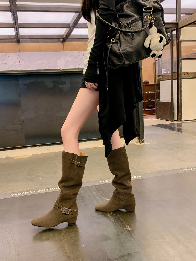 Karin Luna Data Model Belt Buckle Matte Square Toe Hidden Wedge Slouch Western Boots
