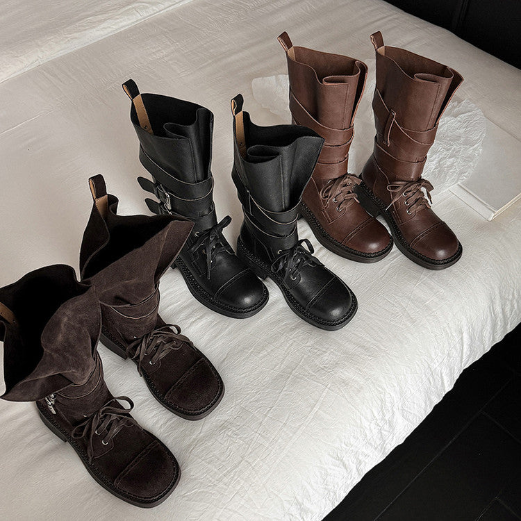 Karin Luna Bestseller Hot-Selling Large Tube Leather Belt Buckle Round Toe Thick-Soled Short Boots
