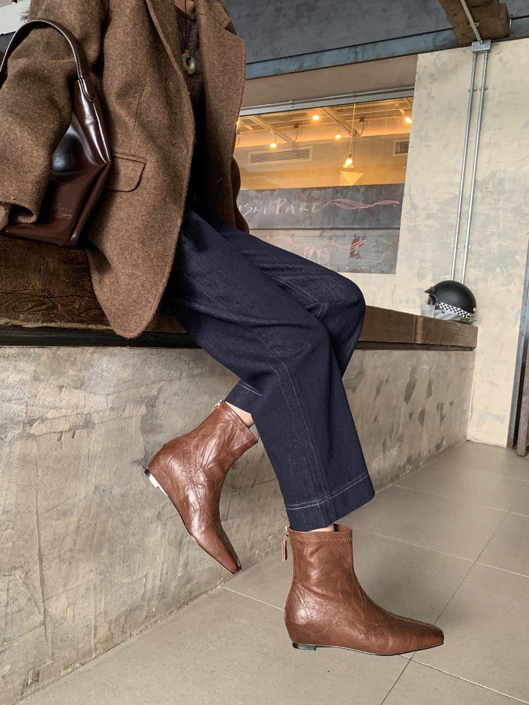 Karin Luna In Stock Spot Goods Slim Series  Hidden Wedge Small Square Toe Back Zipper Short Boots