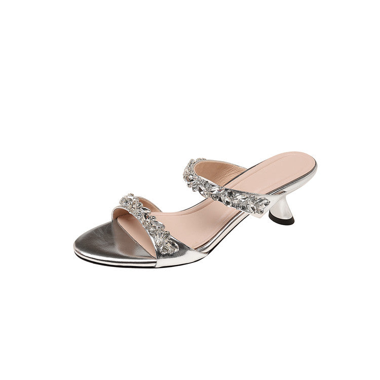 Karin Luna Exquisite Round Toe One-Strap Rhinestone Thin Heel Slippers